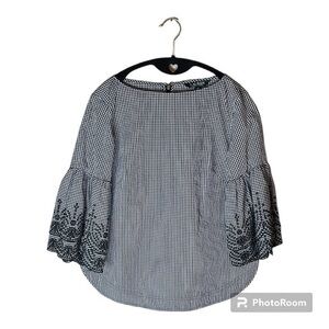 Lauren Ralph Lauren Black and White Checked Top Blouse‎ with Ruffle Bell Sleeves
